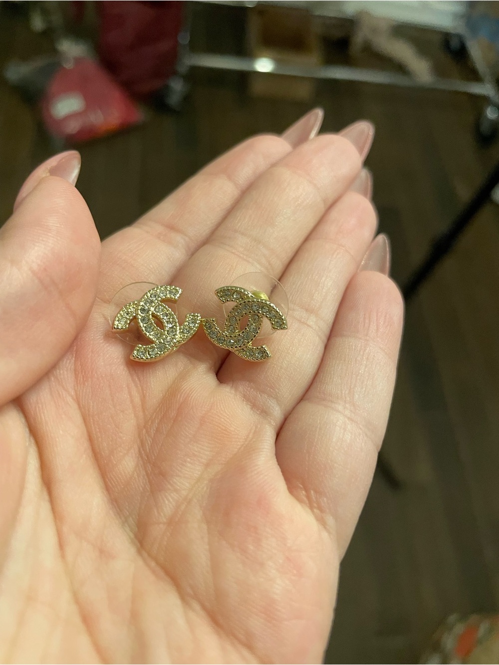 CHANEL Gold CC Crystal Logo Stud Earrings
